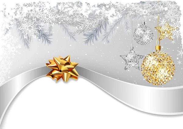 Slavnostní Vánoční Pozadí Stříbrnými Zlatými Vánočními Ozdobami Stuhou Zlatým Lukem — Stockový vektor