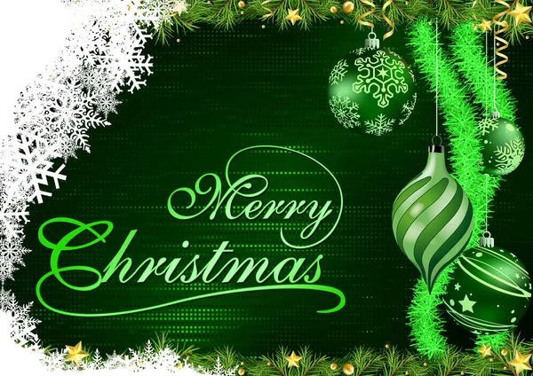 Grüne Weihnachtsgrußkarte Mit Weihnachtsschmuck Auf Gemustertem Hintergrund Abstrakte Bunte Illustration — Stockvektor