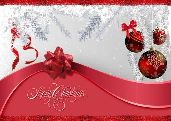 Weihnachten Rot Silber Hintergrund Mit Rotem Weihnachtsschmuck Und Band Mit — Stockvektor