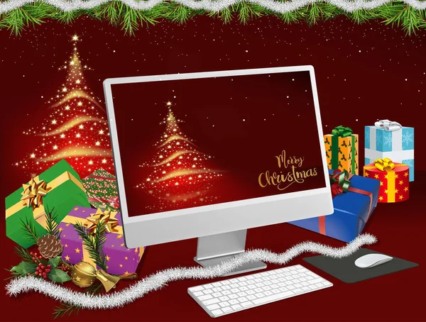 Karácsonyi Háttér Számítógép Rajongók Egy Elvont Karácsonyfa Sok Ajándékot Színes Stock Vektor