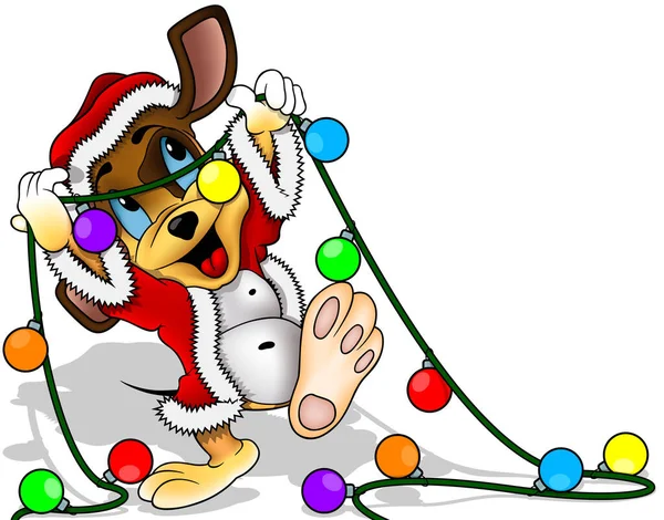 圣诞老人礼服中可爱而快乐的狗狗 爪子举着圣诞灯 漫画书 白色背景下的圣诞图解 — 图库矢量图片