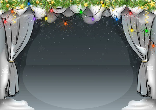 Winter Snowy Theater Podium Met Kerstverlichting Decoraties Gekleurde Cartoon Illustratie — Stockvector