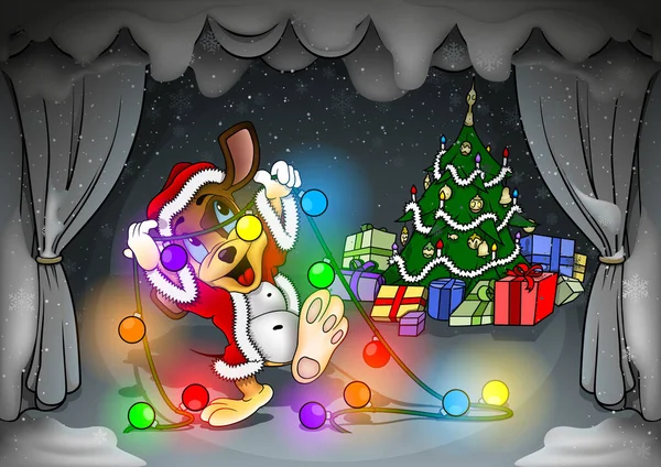 Karikatura Vánoční Přání Zasněženou Divadelní Scénou Pejskem Kostýmu Santa Clause — Stockový vektor