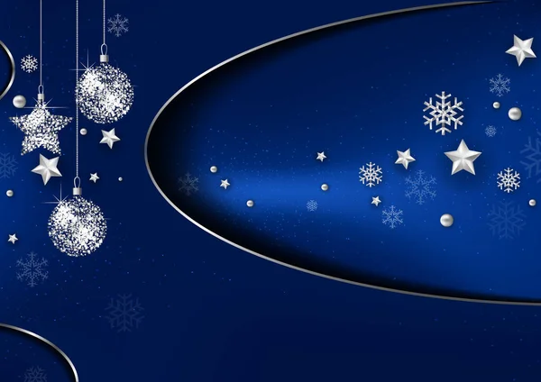 带有银质装饰的蓝色圣诞背景和带有三维阴影效果的雪花 彩色插图 — 图库矢量图片