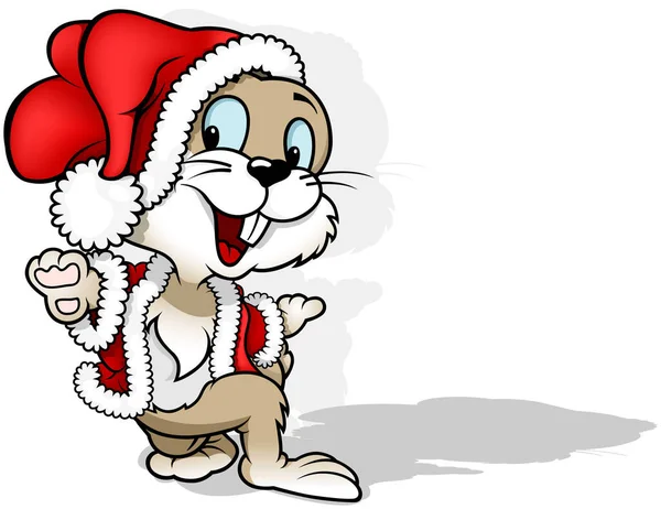 サンタクロースの衣装で愛らしいウサギ 漫画のクリスマスイラスト白地に隔離された ベクトル — ストックベクタ