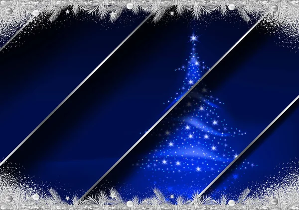Gümüş Madalyalar Parıltılarla Kaplı Katmanlı Mavi Arkaplanda Soyut Noel Ağacı — Stok Vektör