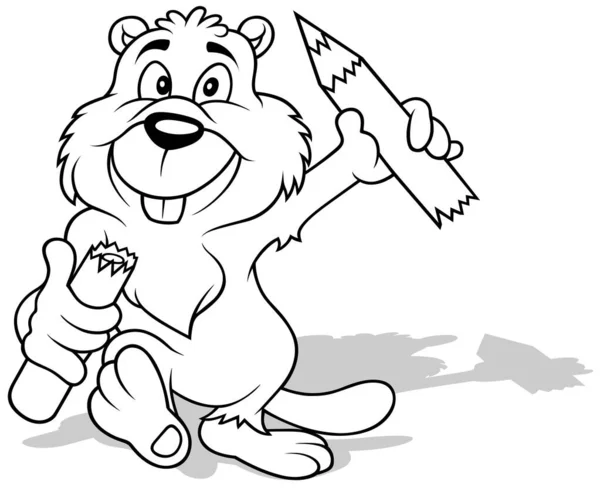 Kresba Usměvavého Bobra Zlomeným Pastelkou Tlapkách Cartoon Illustration Isolated White — Stockový vektor