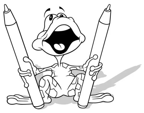 Рисунок Веселой Лягушки Двумя Маркерами Карикатура Белом Фоне Вектор — стоковый вектор