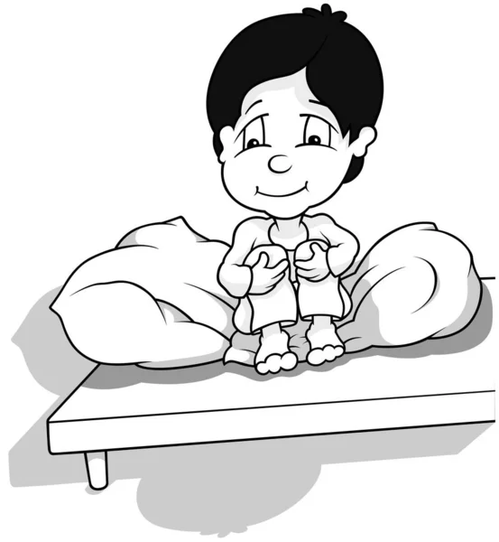 一个穿着睡衣坐在床上的男孩的画像 以白色背景为背景的卡通画 — 图库矢量图片