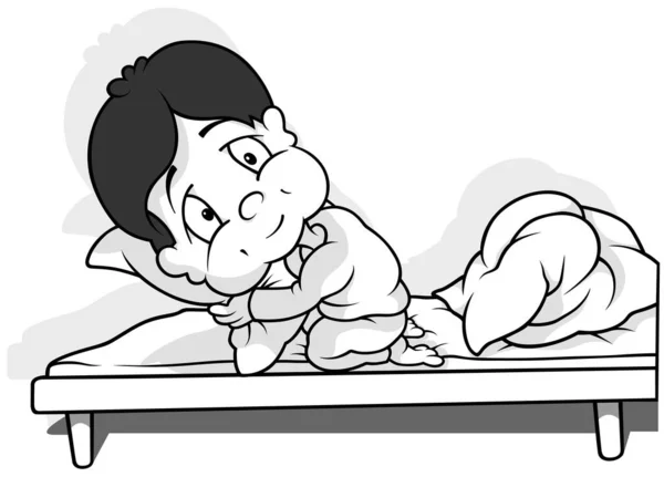 Yatakta Pijamalı Bir Çocuğun Çizimi Beyaz Arkaplanda Izole Edilmiş Çizgi — Stok Vektör
