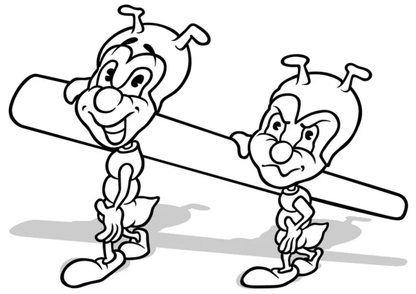 Drawing Two Ants Carriving Part Stem Cartoon Illustration Isolated White — стоковий вектор
