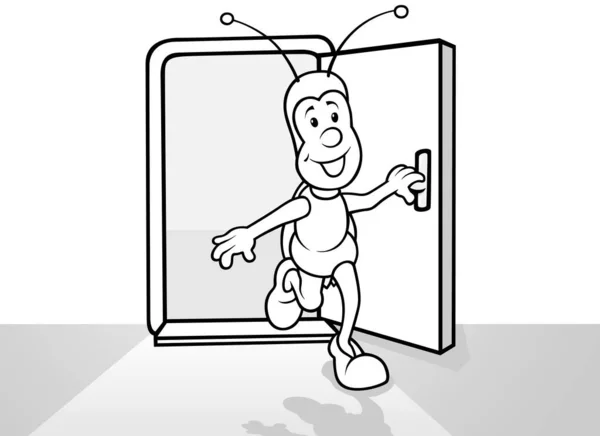 Zeichnung Eines Käfers Der Eine Tür Öffnet Karikatur Auf Weißem — Stockvektor