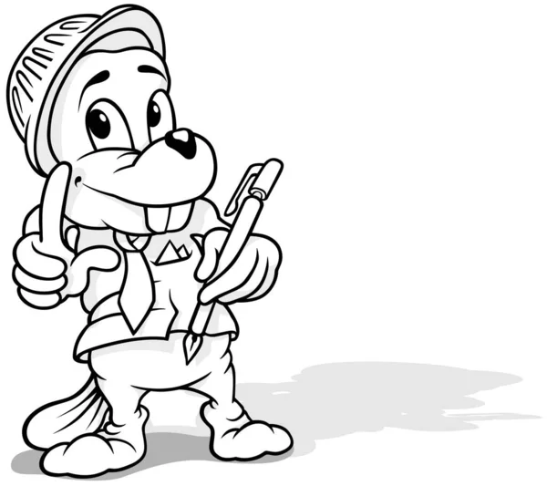 彼の頭の上に保護ヘルメットと立ちビーバーの図面 漫画イラスト白の背景に隔離 ベクトル — ストックベクタ