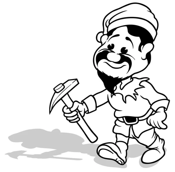 Kresba Trpaslíka Pickaxem Ruce Cartoon Illustration Izolovaný Bílém Pozadí Vektor — Stockový vektor