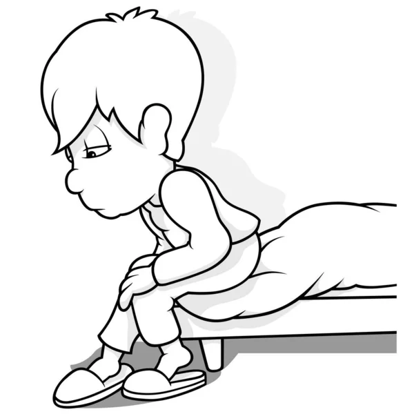 Drawing Sad Boy Sitting Corner Bed Cartoon Illustration Isolated White — Stock Vector