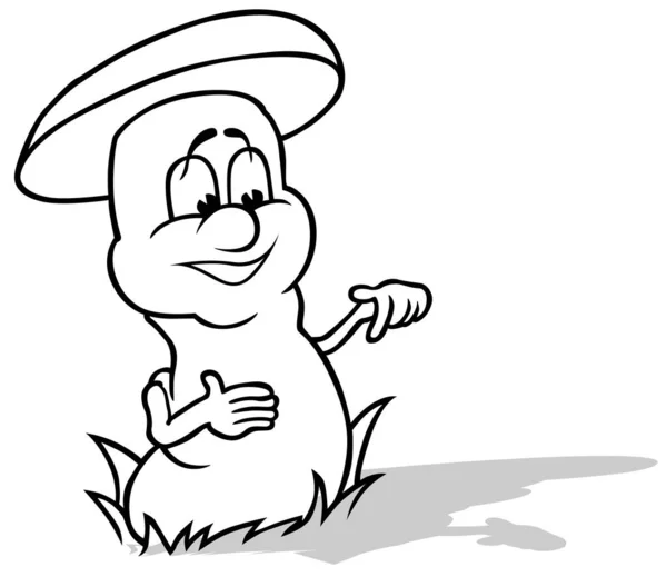 草の中の陽気な顔をした森のキノコのドローイング 漫画イラストIsolated White Background Vector — ストックベクタ