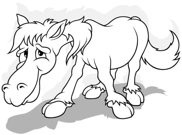 Rysunek Konia Stojącego Pochyloną Głową Ilustracja Rysunkowa Izolowana Białym Tle — Wektor stockowy