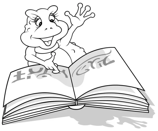 Drawing Smiling Frog Open Book Spells Cartoon Illustration Isolated White — стоковий вектор