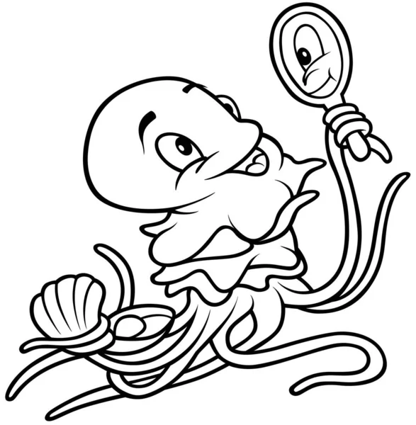Disegno Una Medusa Che Tiene Uno Specchio Tascabile Tentacolo Illustrazione — Vettoriale Stock