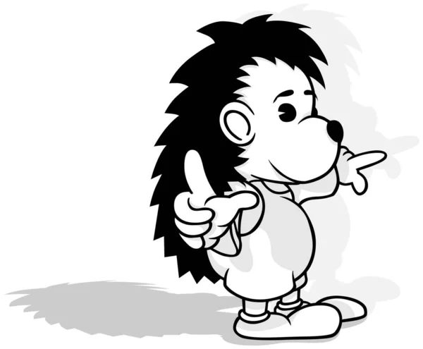 Drawing Dressed Hedgehog Pointing His Hands Side View Cartoon Illustration — 스톡 벡터