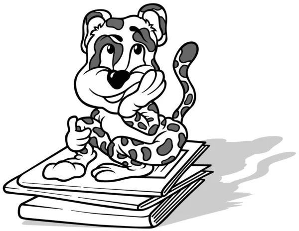 Zeichnung Eines Niedlichen Verträumten Leoparden Der Auf Schulheften Sitzt Cartoon — Stockvektor