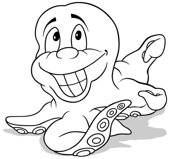 Zeichnung Eines Fröhlichen Kraken Mit Einem Großen Lächeln Karikatur Auf — Stockvektor