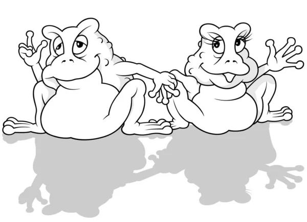 手を握る2本のカエルのドローイング 漫画イラストIsolated White Background Vector — ストックベクタ