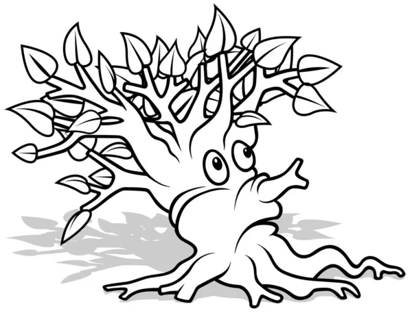 Kresba Malého Opadavého Stromu Obličejem Karikatura Ilustrace Bílém Pozadí Vektor — Stockový vektor