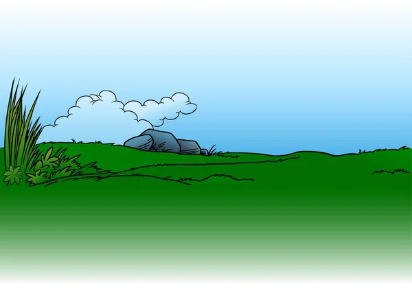 Graslandschaft Mit Steinen Farbige Cartoon Illustration Auf Weißem Hintergrund Vektor — Stockvektor