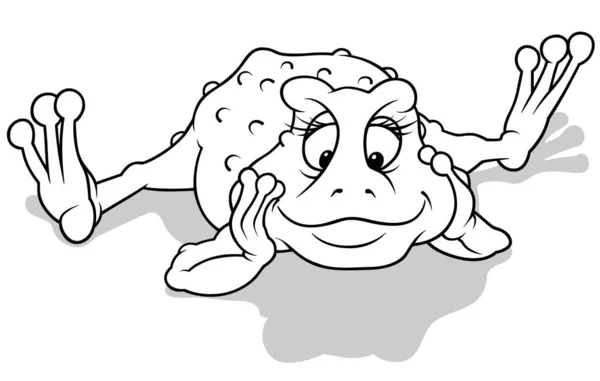 Drawing Lying Frog Propped Head Cartoon Illustration Isolated White Background — стоковий вектор