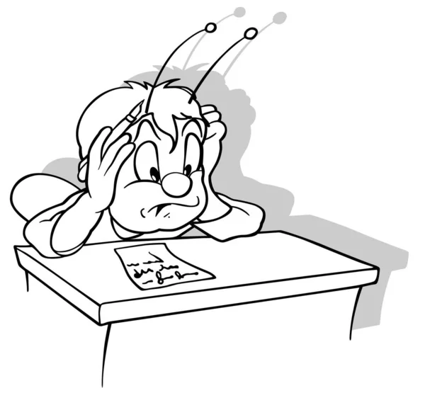 백지에 고립된 딱정벌레앉아 Drawing Beetle Sitting School Desk Cartoon Illustration — 스톡 벡터