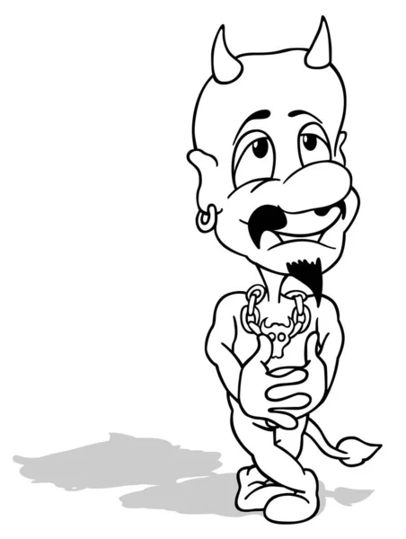 Zeichnung Eines Lustigen Teufels Mit Überkreuzten Beinen Cartoon Illustration Auf — Stockvektor