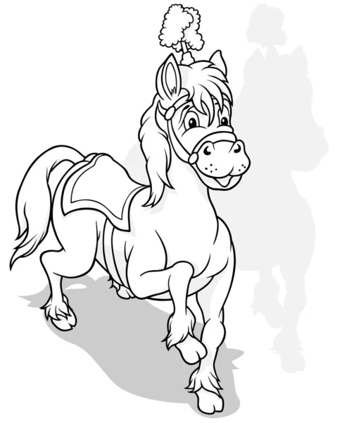 Rysunek Konia Cyrkowego Ozdobą Głowy Siodłem Ilustracja Kreskówki Białym Tle — Wektor stockowy