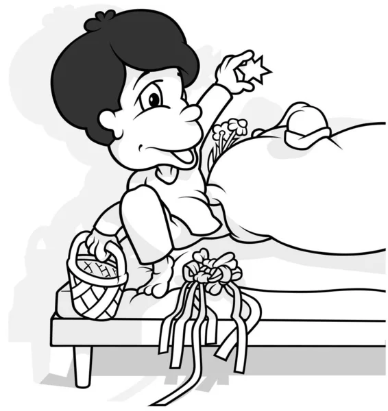 手に星を持つベッドの中の暗い髪の男の子の絵 漫画のイラストIsolated White Background Vector — ストックベクタ