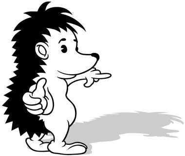 Yan Görüş 'ten bir parmak gösteren şirin kirpi çizimi - Beyaz Arkaplanda izole edilmiş çizgi film tasviri, Vektör