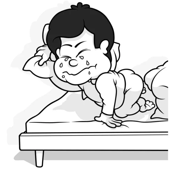 Drawing Crying Lad Bed Looking Toy Pillow Cartoon Illustration Isolated — Stock Vector