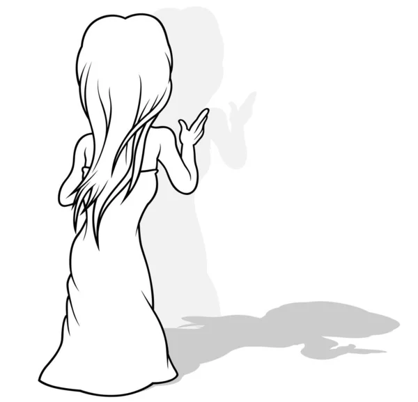 Zeichnung Einer Fee Mit Langen Haaren Einem Kleid Von Hinten — Stockvektor
