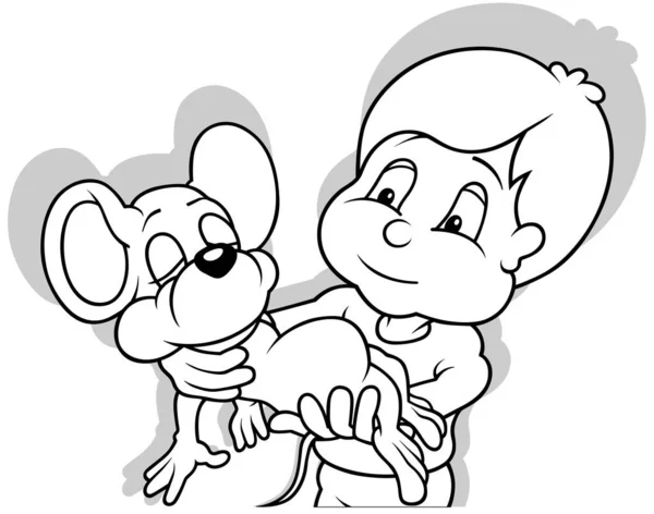Kresba Tmavovlasého Chlapce Držícího Spící Myš Rukou Cartoon Illustration Isolated — Stockový vektor