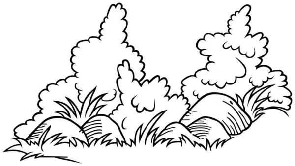 Zeichnung Von Büschen Und Felsbrocken Gras Cartoon Illustration Auf Weißem — Stockvektor