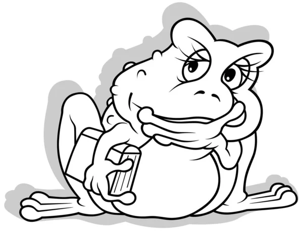 Zeichnung Eines Pensive Frogs Mit Einem Buch Cartoon Illustration Auf — Stockvektor
