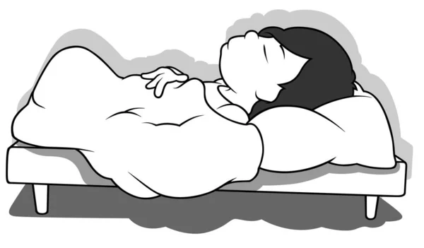Drawing Black Haired Boy Sleeping Bed Cartoon Illustration Isolated White — Stock Vector