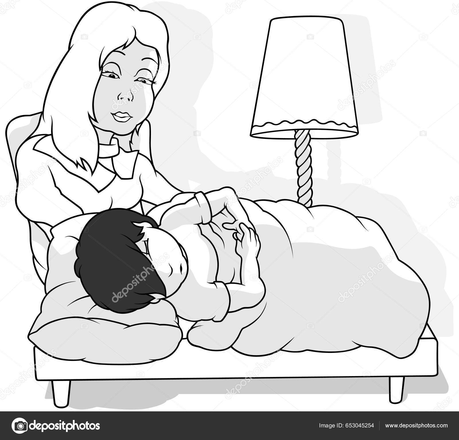 Dibujo Niño Dormido Pelo Negro Cama Con Madre Sentada Una Vector de stock  #653045254 de ©dero2010, image size:1600x1536