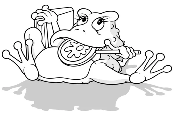 画中一只躺在地上的青蛙 嘴里衔着棒棒糖 头后挂着一本书 以白色背景为背景的卡通图解 — 图库矢量图片