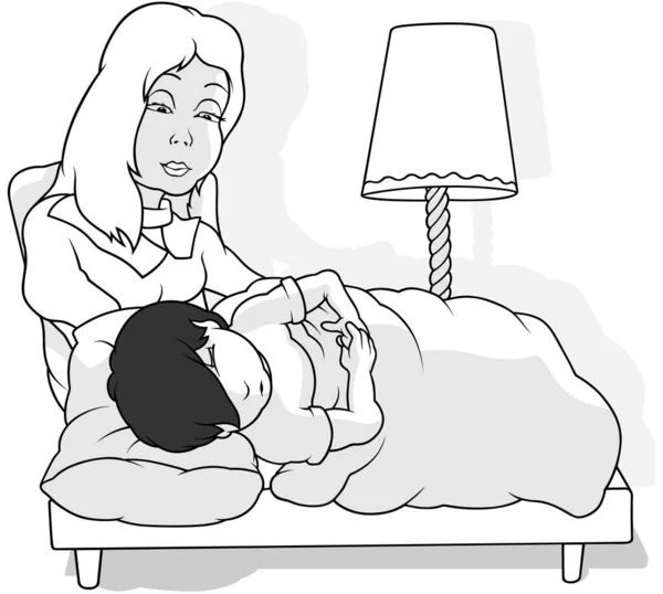 Zeichnung Eines Schwarzhaarigen Schlafenden Jungen Bett Mit Ihrer Mutter Die — Stockvektor