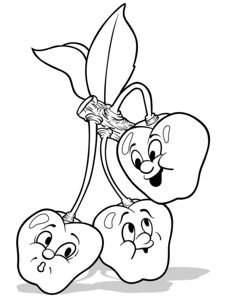 假发上有脸的三颗樱桃的绘制 以白色背景为背景的卡通图解 — 图库矢量图片
