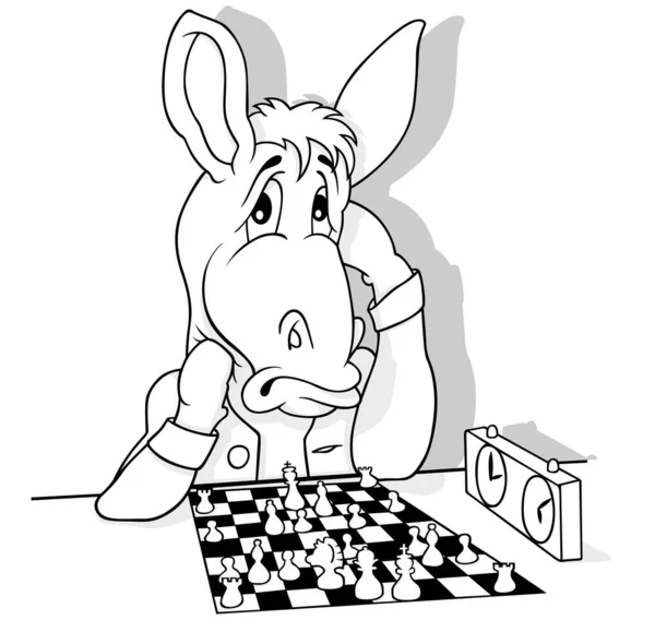 Zeichnung Eines Esels Der Über Eine Schachpartie Nachdenkt Cartoon Illustration — Stockvektor