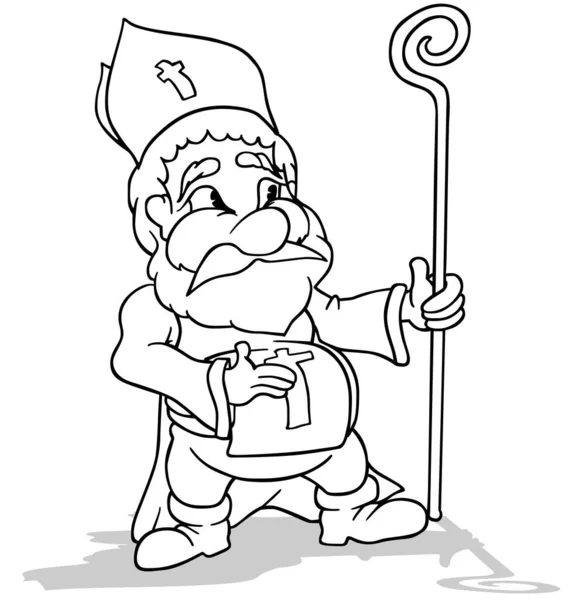 一个站在那里的尼古拉斯的画像 手上拿着一根主教的手杖 以白色背景为背景的漫画插图 — 图库矢量图片