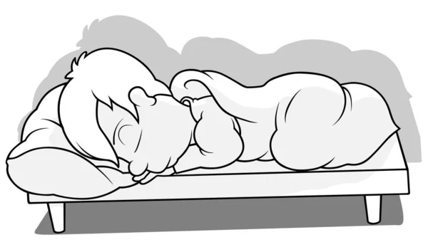Desenho Menino Cabelo Preto Adormecido Cama Ilustração Dos Desenhos Animados — Vetor de Stock
