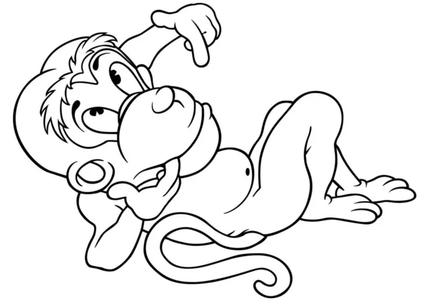 Drawing Lying Monkey Finger His Mouth Cartoon Illustration Isolated White — стоковий вектор