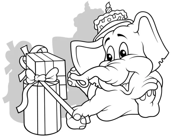 Dibujo Elefante Sonriente Con Pastel Cabeza Desenvuelve Sus Regalos Ilustración — Archivo Imágenes Vectoriales
